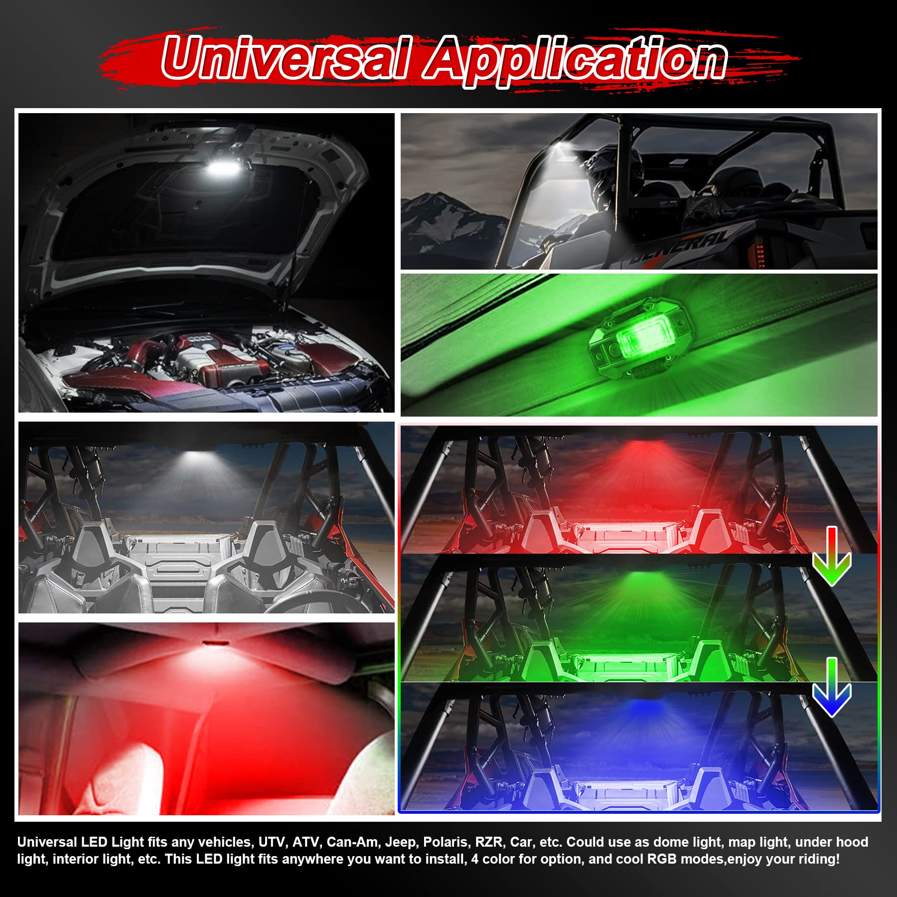 Universal RGB Strobe Roll Bar Mount Car LED Interior Light - UTV ATV Polaris RZR Can Am Truck - White/Red/Green/Blue