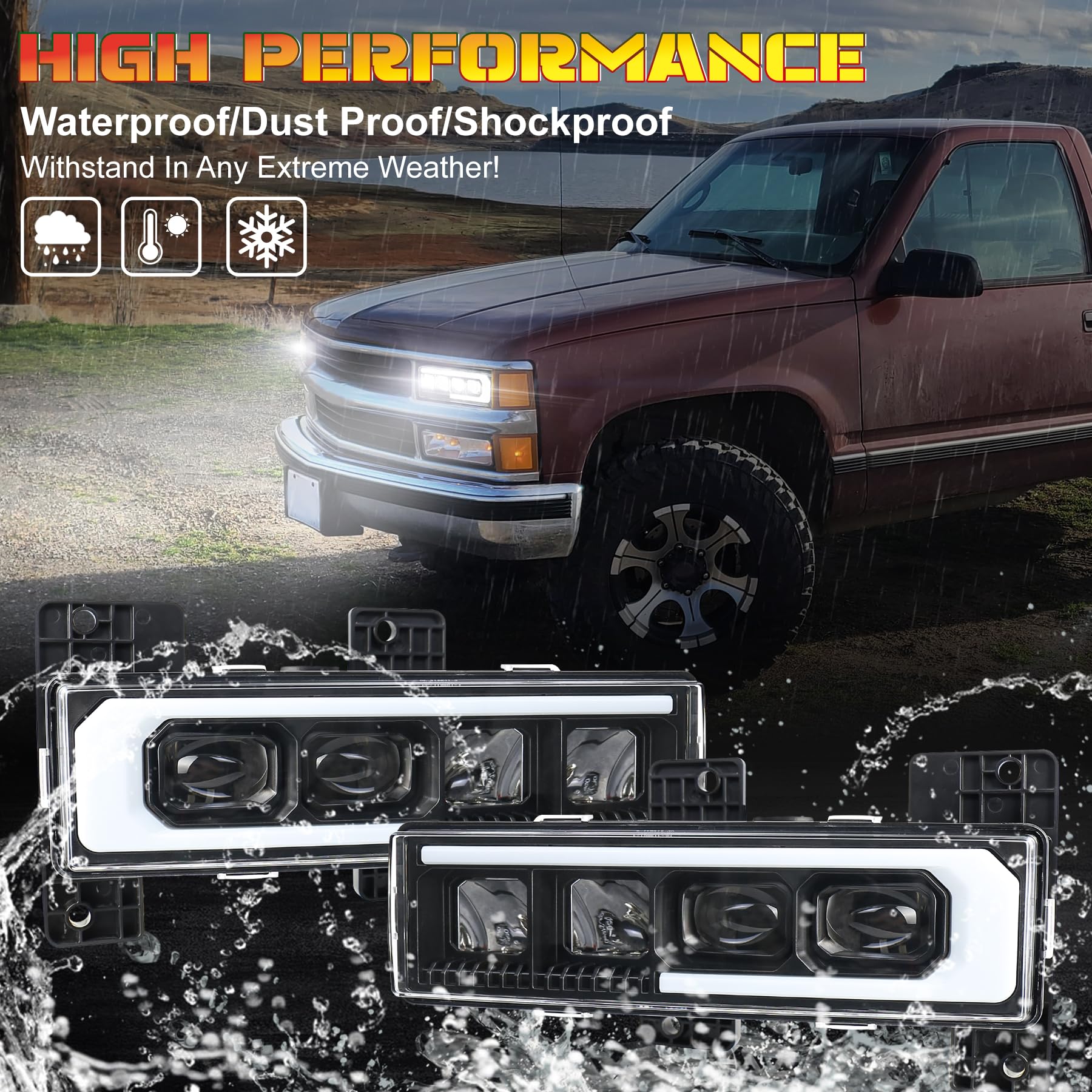 NEW LED Headlights Assembly Upgrade 500% Brighter Projector Headlights with DRL Welcome Light Compatible with 1988-1998 Chevy GMC C/K 1500 2500 3500 Silverado Tahoe Suburban Yukon C10