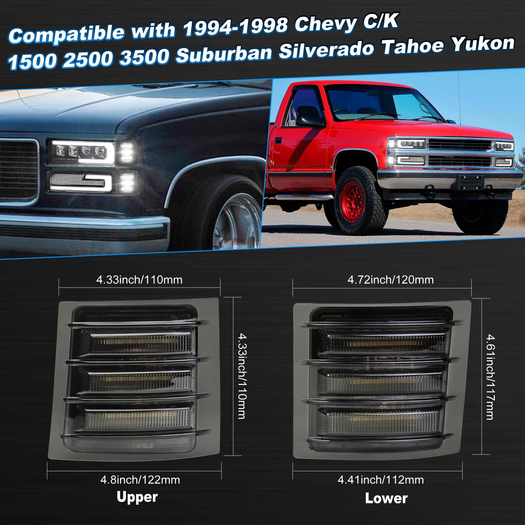 LED Side Marker Light Assembly with White Sequential Turn Signal LED Front Corner Lights Compatible with 1994-1998 Chevy C/K 1500 2500 3500 C10 Silverado Tahoe Suburban Yukon