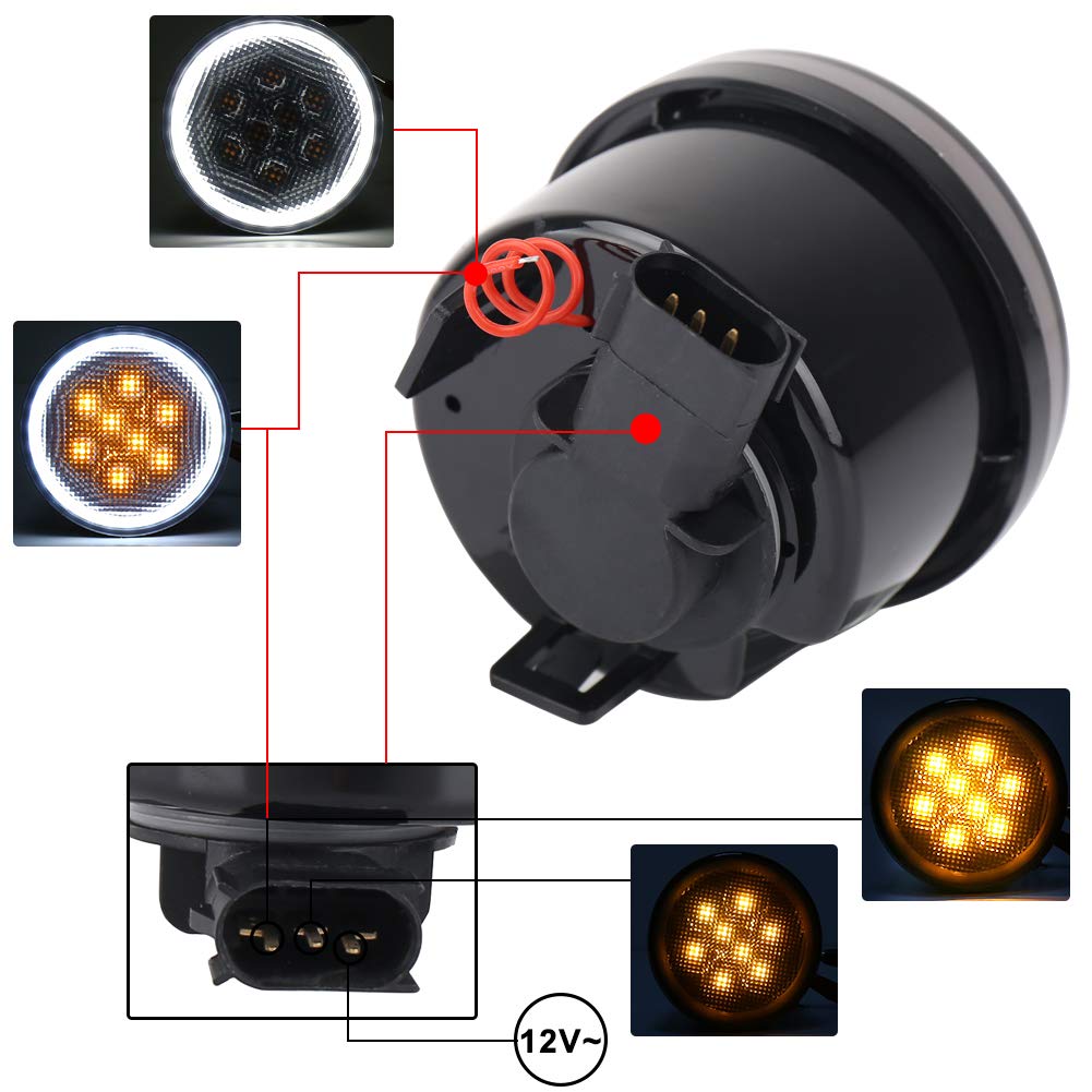 JK Turn Signal Lights White Halo Amber LED Smoke Lens Front Grille Parking Lights for 2007-2018 Jeep Wrangler JK & JK Unlimited