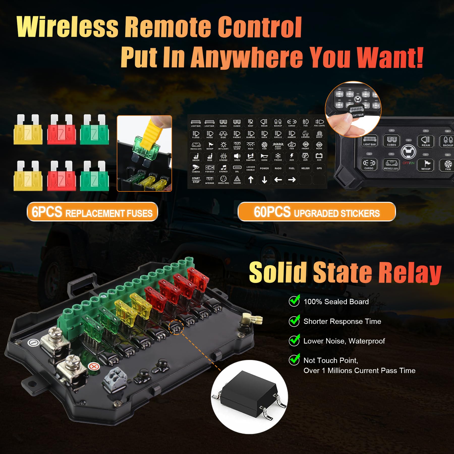 Wireless 8 Gang Switch Panel, Remote Control Switch Pod with Toggle Momentary Pulsed Waterproof Universal Circuit Control Relay System Box for Off Road Truck Jeep Boat SUV UTV ATV Camper