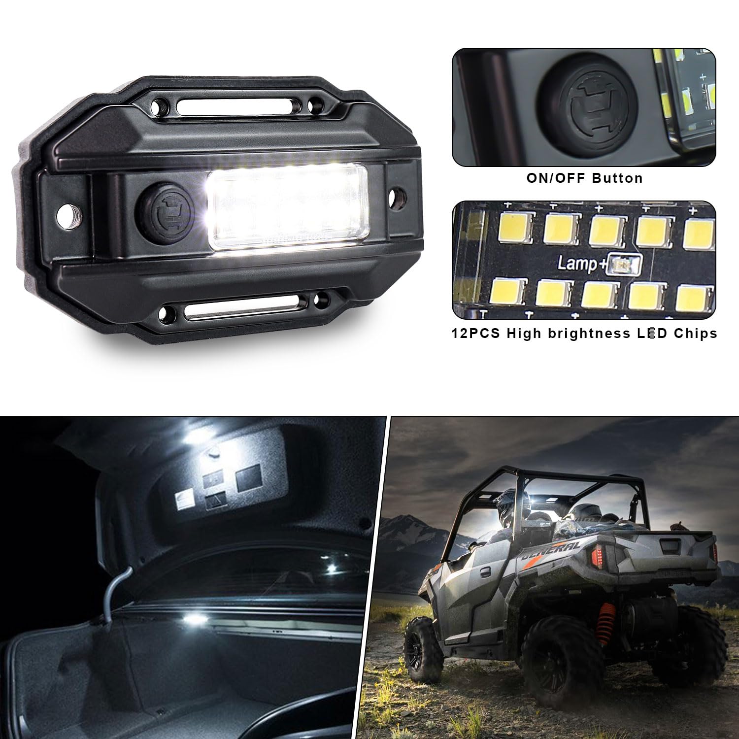 UTV Dome Light, Universal Roll Bar LED Dome Lights Car Interior White Reading Light with Green Indicator for UTV Honda Kawasaki Polaris RZR Can-Am SXS ATV Truck