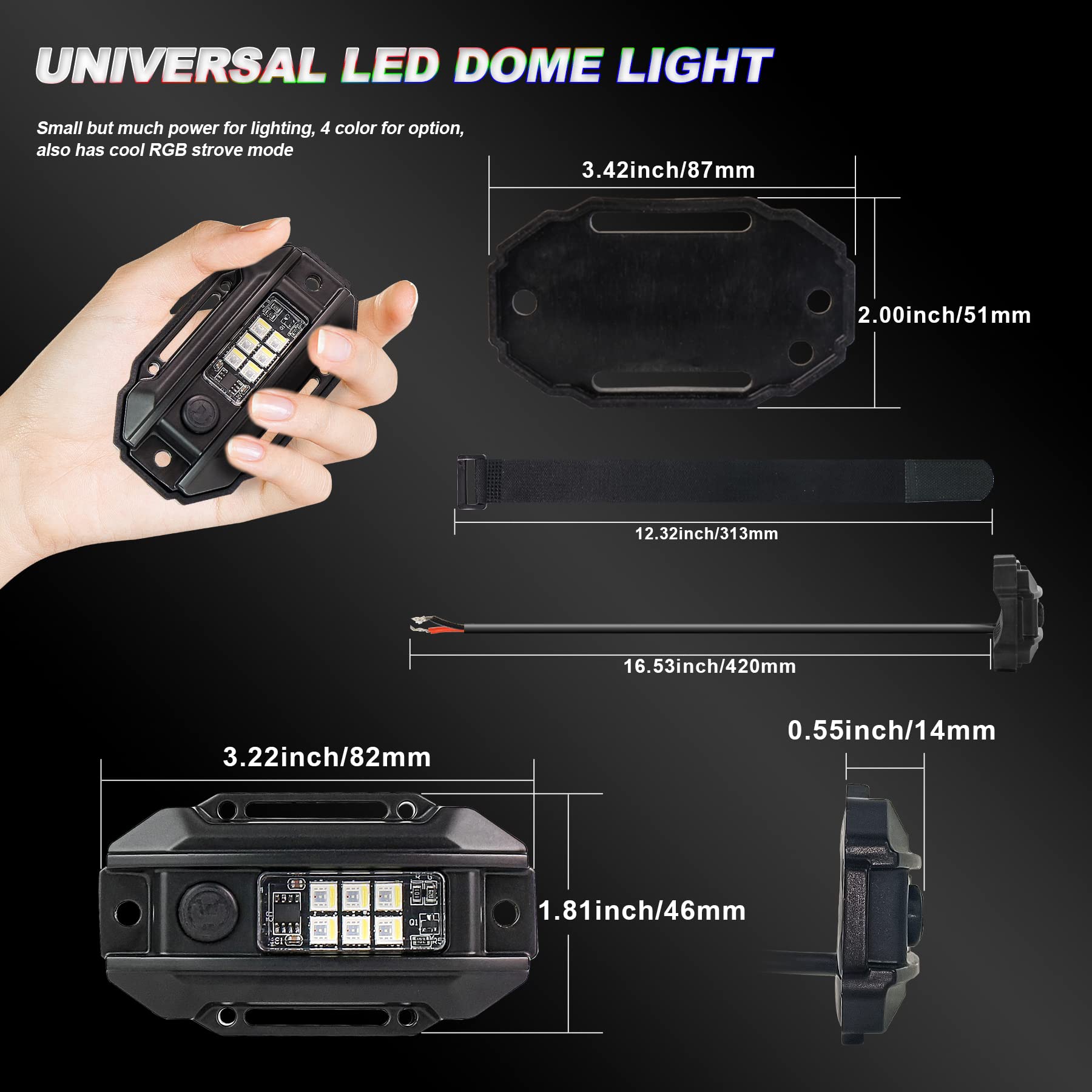 Universal RGB Strobe Roll Bar Mount Car LED Interior Light - UTV ATV Polaris RZR Can Am Truck - White/Red/Green/Blue