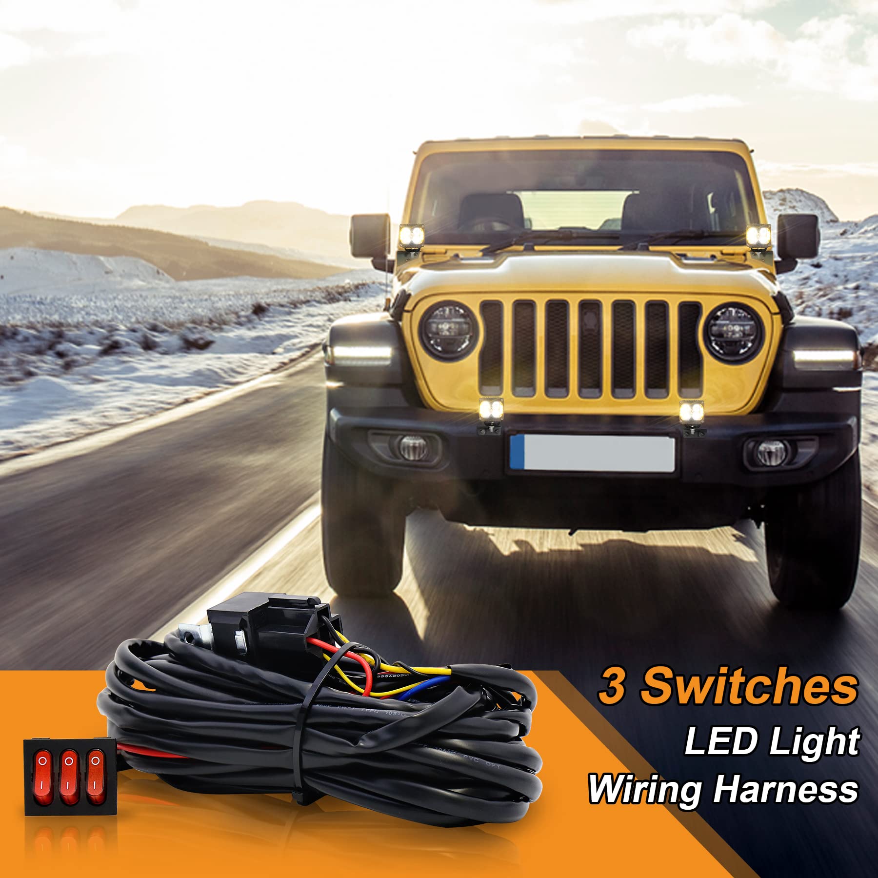 12V 4 Wire LED Side Shooter Pods Wiring Harness Kit with 3 On/Off Switches for Off Road, Heavy Duty Truck, ATV, SUV LED Work Light Pods