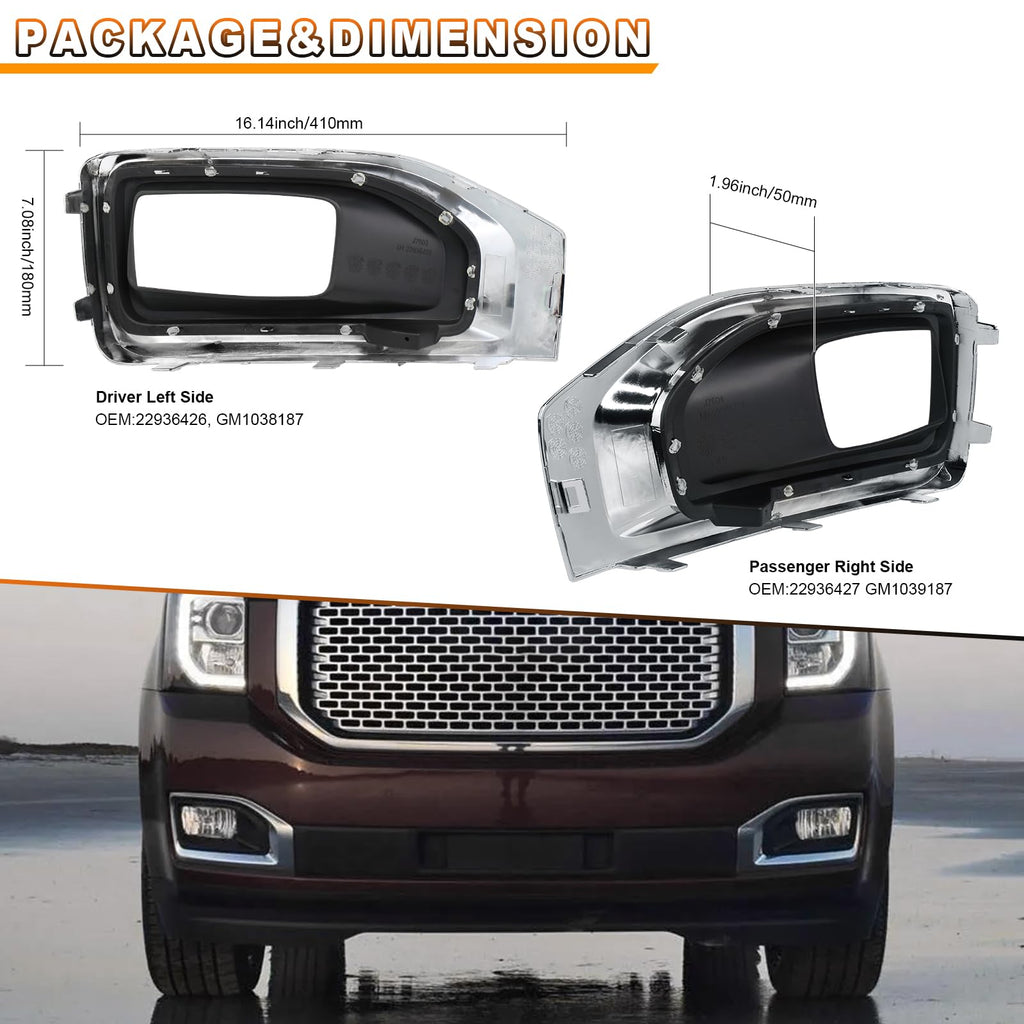 Fog Light Bezels Compatible with GMC Yukon & Yukon XL 2015-2020 Driver & Passenger Side Chrome Front Fog Lamp Trim Covers