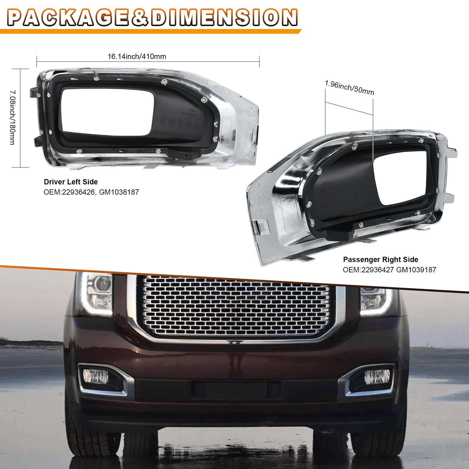 Fog Light Bezels Compatible with GMC Yukon & Yukon XL 2015-2020 Driver & Passenger Side Chrome Front Fog Lamp Trim Covers
